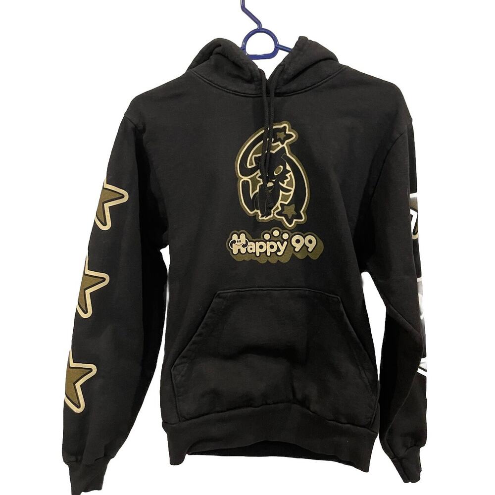 Happy99 Puff Print Black & Beige Graphic Hoodie Sz X-Small -Excellent Condition
